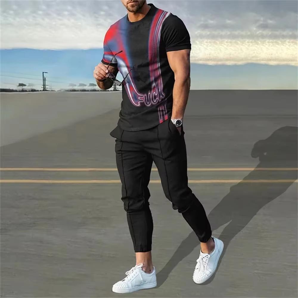 Heißer Verkauf Sommer 3D-gedruckt Herren Kurzarm T-Shirt Hosen Set Mann Kurzarm Lange Hose Set Retro Lässig Herren T-Shirt Hosen Anzug