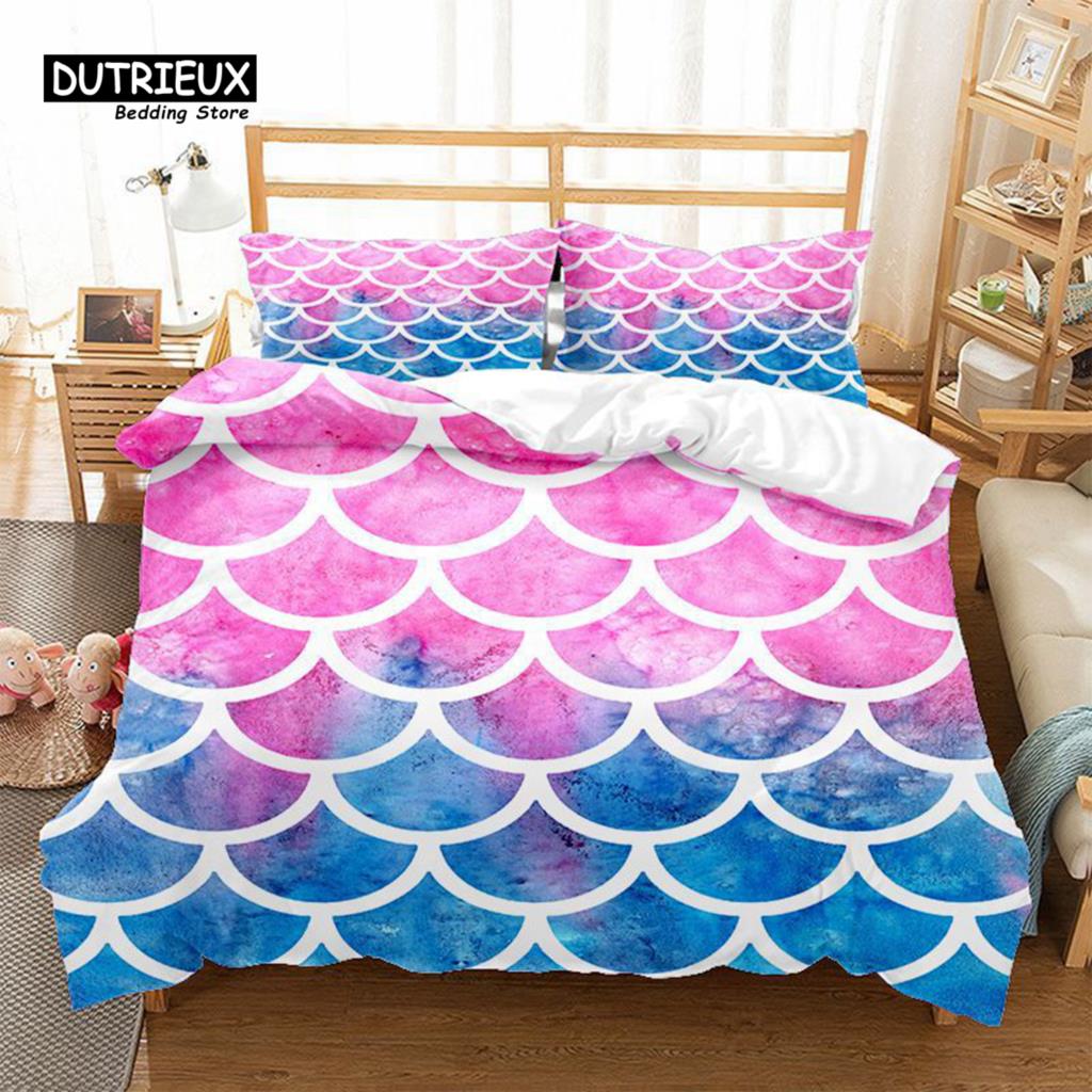 Mermaid Fish Scales Duvet Cover Magical Colorful Seamless Pattern With Fish Scale Net Print Bedding Set Microfiber Quilt Cover