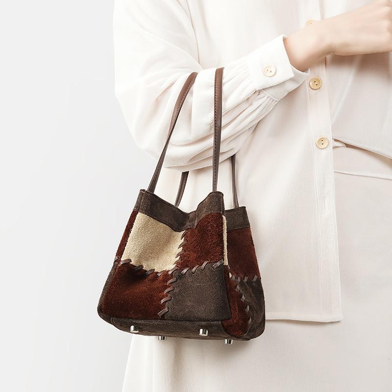 Stylish and exquisite small bag, genuine leather vegetable basket, bucket bag, new color matching matte cowhide retro shoulder handbag