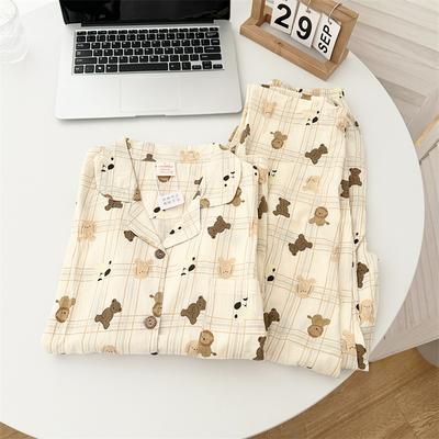 Spring and Autumn Women's Cloud Cotton Bear Check Pajamas Home Suit Set Girls Long Sleeve Cartoon Pajamas Home Suit