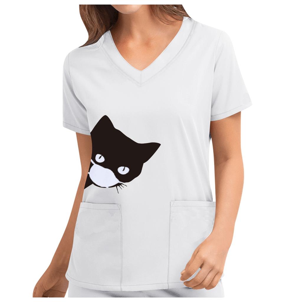 Women's Cute Print Short Sleeve V-neck Top Work  Solid Color Pocket Top