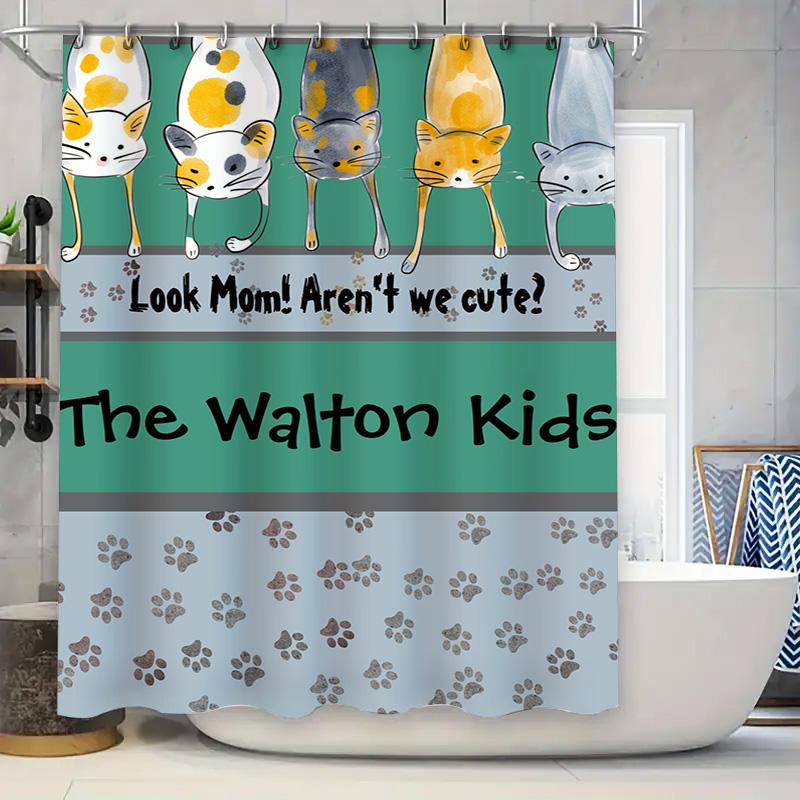 

Charming Cat Print Shower Curtain Set: Adorable Bath Decor for Kids Blue, Yellow Green Paws Pattern, Waterproof Fabric with Hook 90x180cm