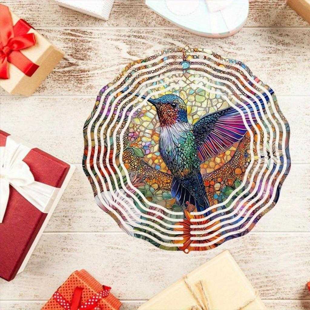 Håndlaget Kolibri Glass Vindspinner – Levende Hage- og Hjemmedekor, Kinetisk Vindklokke med Blomstermotiver