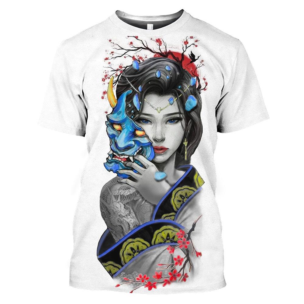 Harajuku Japanese Geisha 3D tištěné pánské a dámské tričko Letní streetwear O-neck Krátký rukáv Top Volný Pár Oblečení