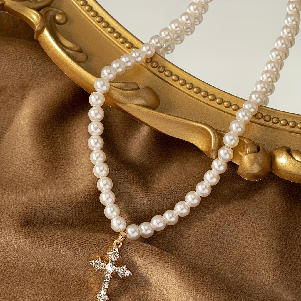 Colar Gargantilha Choker Tendência Europeu-Americano Páscoa Pérola Strass Cruz Pingente