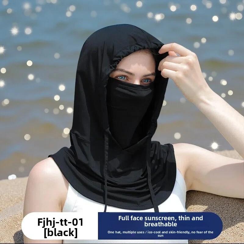 Summer sun protection hat with ice silk face mask, full-face head cover and neck protector for men and women, breathable nylon outdoor accessory