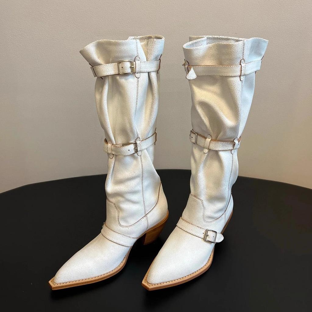 Pointed Big Tube Heap Boots Retro Western Cowboy Boots Thick Heel Hot Girl Fashion Sense Long Boots Women