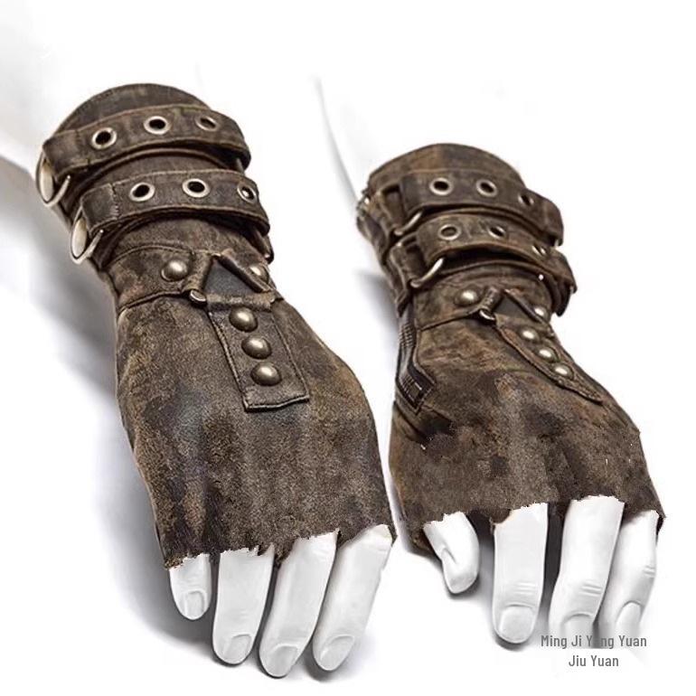 Men's Retro Punk Half-Finger Leather Motorcycle Riding Gloves