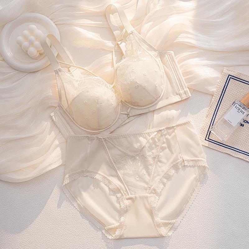 Women Luxury Pure Desire Lace Mesh Bra Set Wireless Push‑Up Adjustment Comfortable Breathable Brassiere for Small Bust