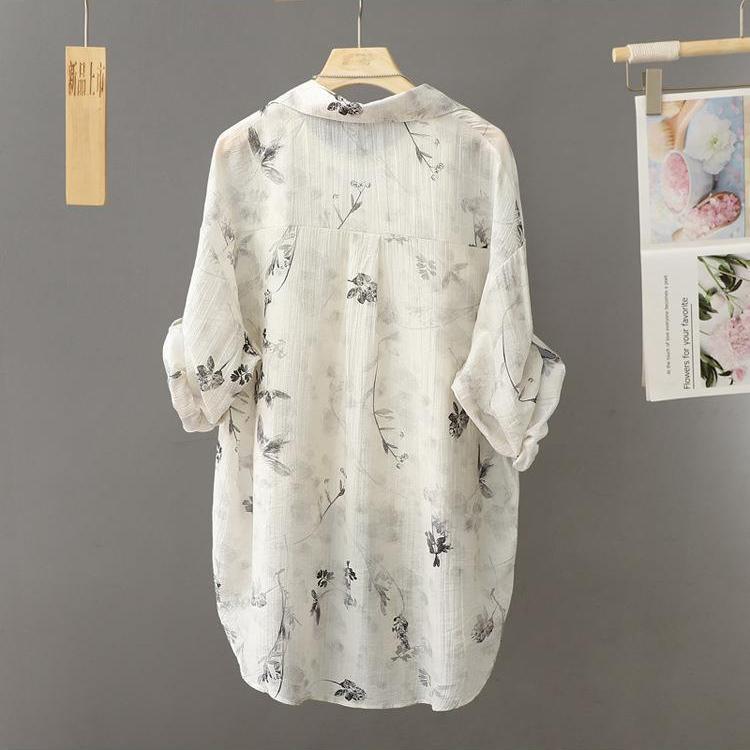 Summer Anti Wrinkle and Drooping Ink Painting Printed and Dyed Shirt Loose Long Sleeved Collar Thin Shirt Sun Protection Clothing
