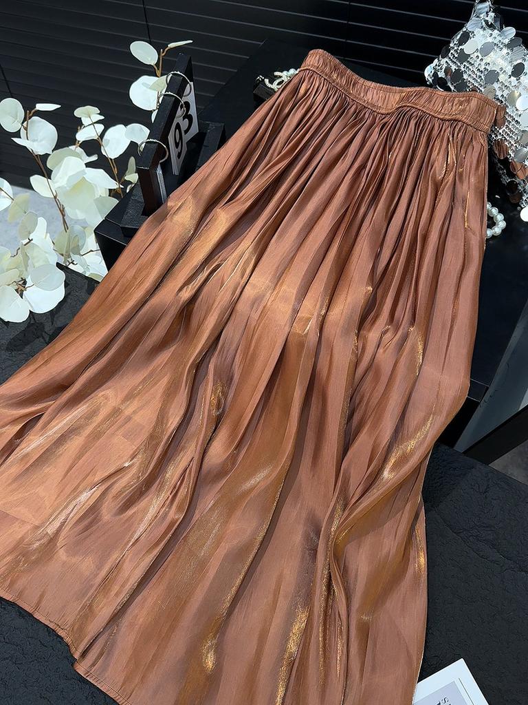 Pearlescent luster yarn pleated pleated skirt summer women medium and long hanging high waist a word 2025 new