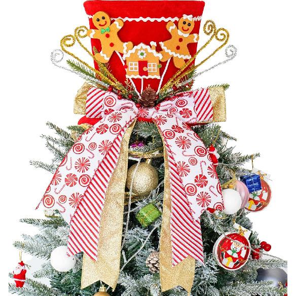 Christmas Tree Topper Hat, Gingerbread Man Xmas Tree Toppers Large Red Hat with Lengthened Ribbon, Christmas Tree Ornaments for Christmas Holiday