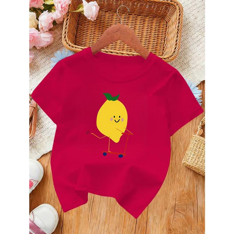 European Sizes Cartoon Lemon Skateboard Pattern Girls' Summer Short Sleeve T-Shirt, Breathable Comfortable Fashion Print Top