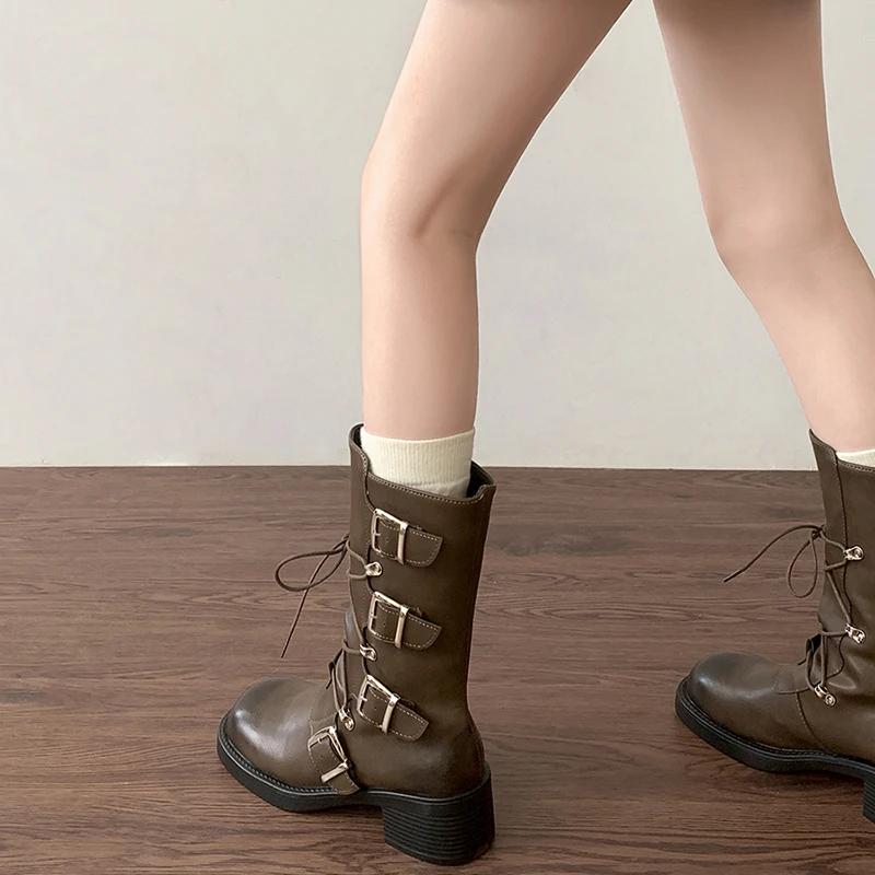 мода Ретро Стиль Женские сапоги до середины голени Модные туфли с пряжкой на ремне Осень — фото 4