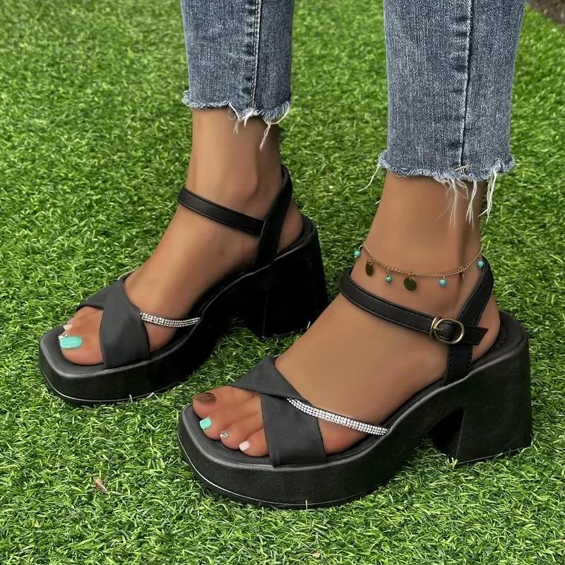 Mode Neue Damenschuhe Fischmaul High Heels Eckige Zehenpartie Offene Zehenpartie Feenstil Dicke Absätze Elegant Wasserdicht Rutschfest Damenschuhe