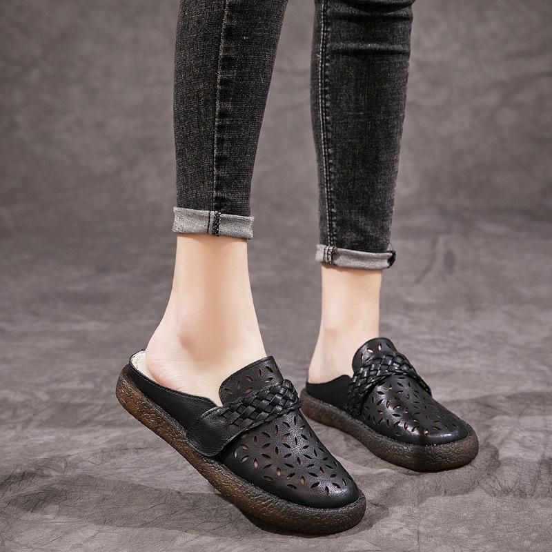 2025 summer new hole sandals first layer cowhide retro style soft sole comfortable middle-aged and elderly mother shoes half slippers