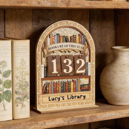 Book Read This Year Counter Wooden Annual Reading Goal Challenge Tracker with Number Signs Bookshelf Decoration Book Lovers Bookworm Gift