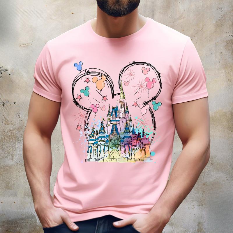 Watercolor Mickey Castle Print TShirts Crew Neck Breathable Fashion Casual Travel Short Sleeve Tops for Unisex and Women