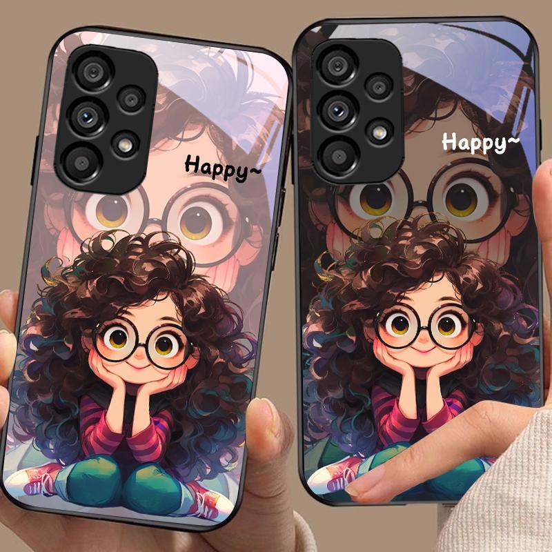 Mädchen mit lockigen Haaren für Samsung Galaxy S10 20 Plus 21 FE 22 23 24 FE 25 Ultra Schwarz Hartschale Handyhülle aus gehärtetem Glas