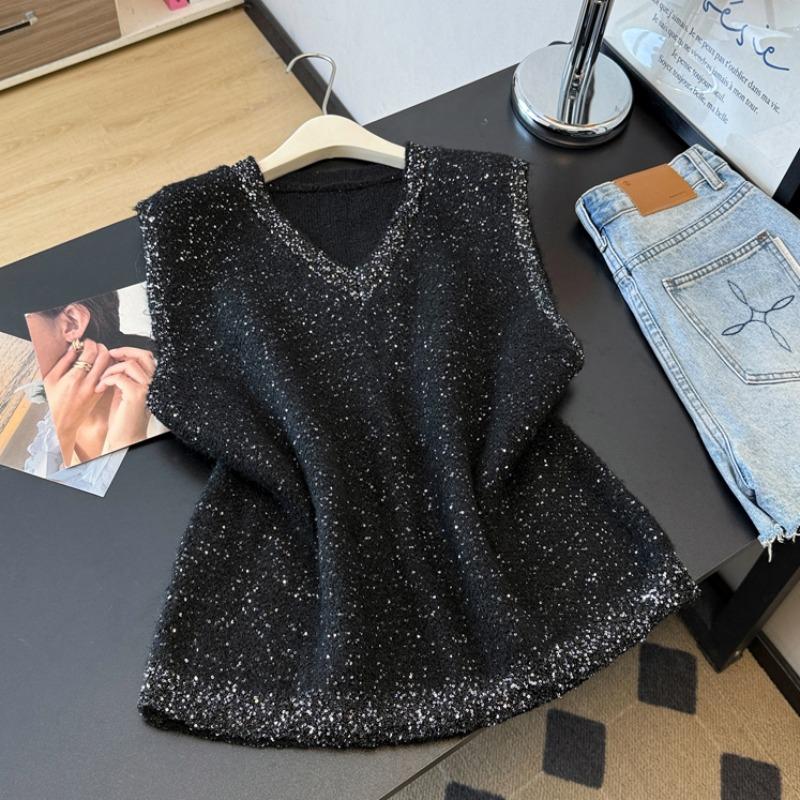 2026 Autunno Inverno Nuovo Maglione da Donna Lavorato a Maglia Perline Vintage Top da Donna Pullover Canotta Senza Maniche Larga Casual