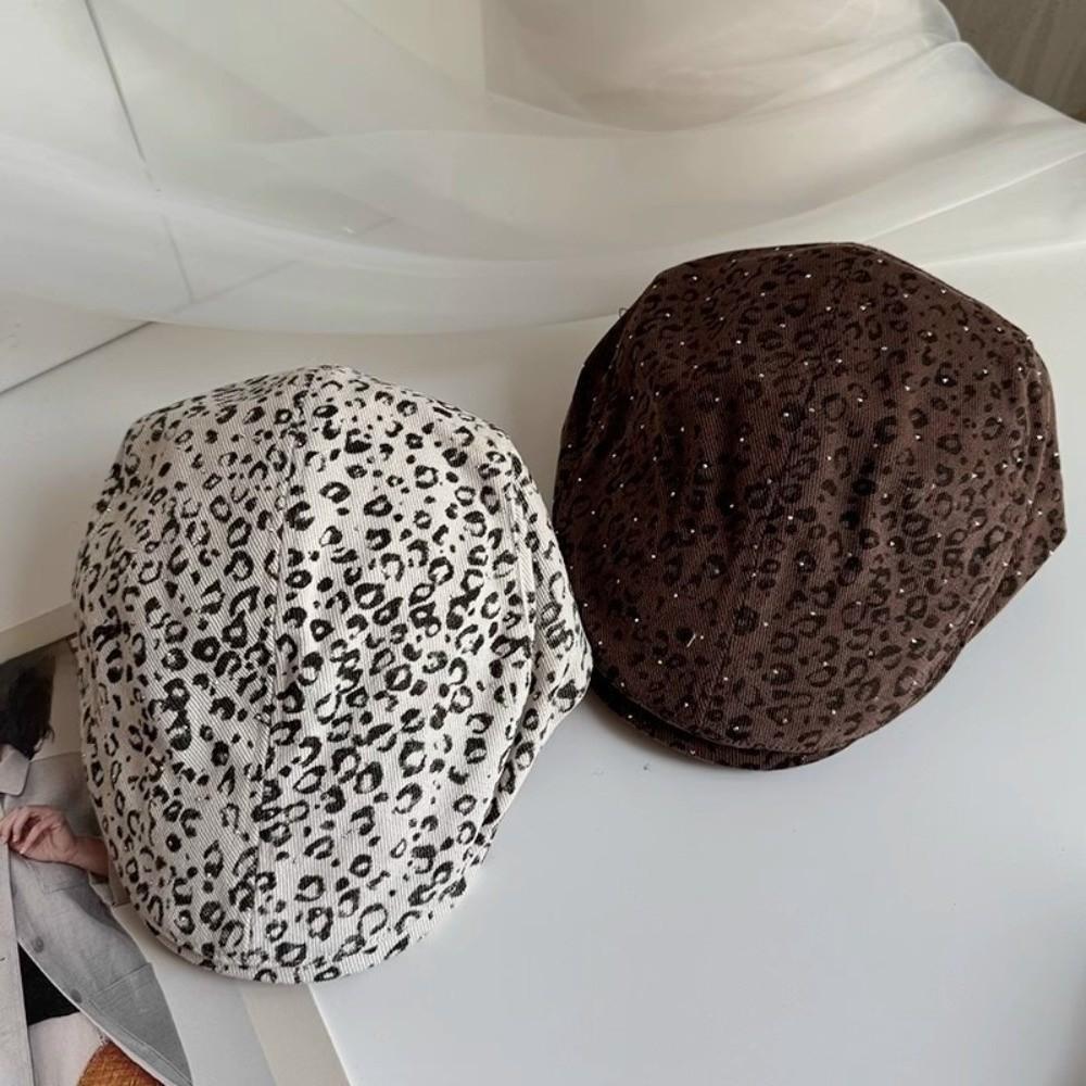 Flat Leopard Print Beret Rhinestone Leopard Newsboy Cap Cool Painter Cap Streetwear