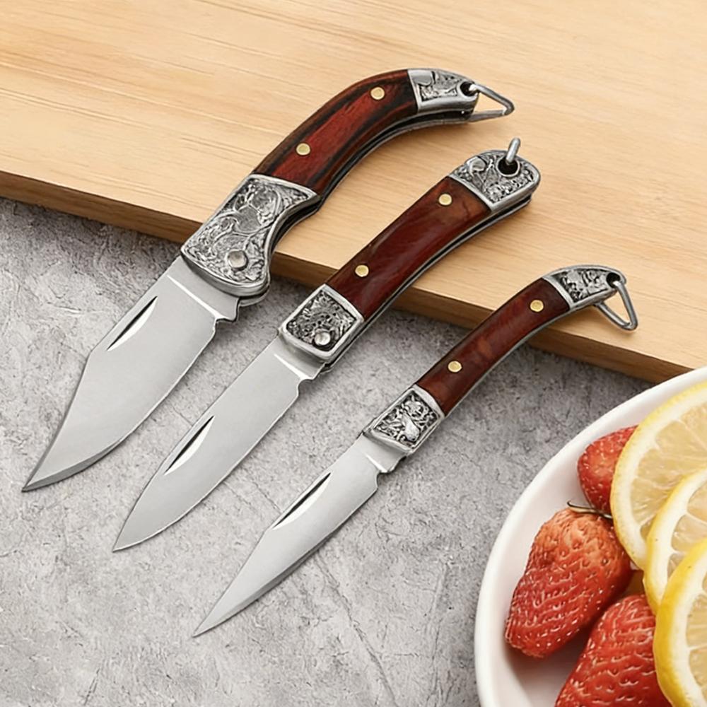 Tragbares faltbares Taschen-Schälmesser mit Holzgriff und Edelstahlklinge, Tägliches Haushalts-Obstschneide-Werkzeug