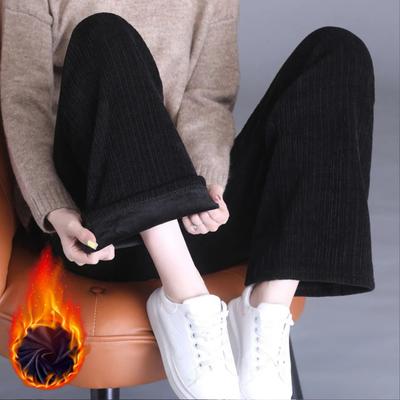 Women Winter Pants Elastic High Waist Straight Wide Leg Velvet Lining Long Pants Solid Color Loose Fit Casual Trousers