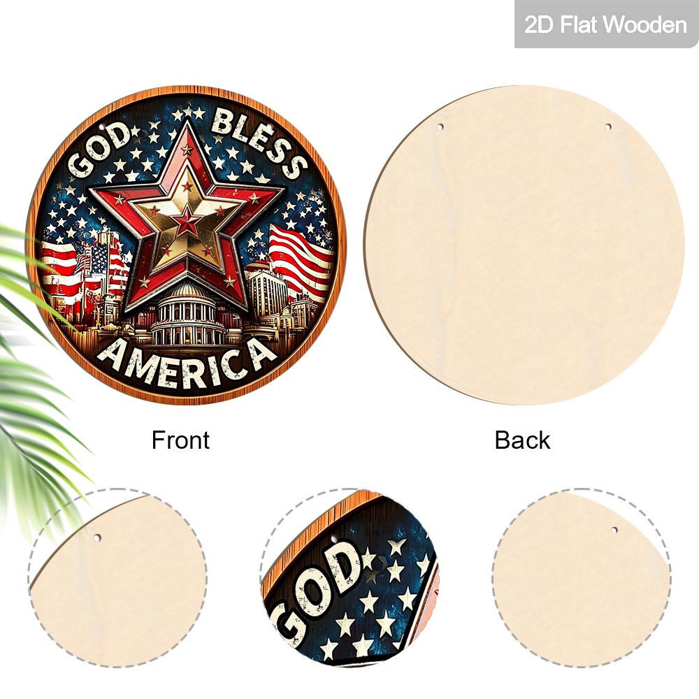 2D Flat God Bless America Patriotic Round Wooden Sign, Vintage Star & US Capitol Plaque with American Flag, 4th of July Hanging Decor for Front