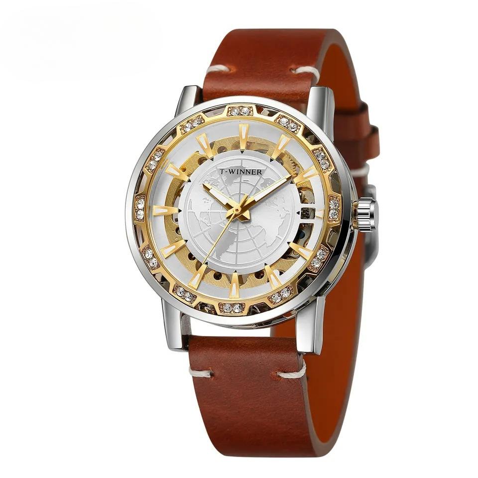 

Мужские модные повседневные классические популярные механические часы с полым ручным управлением со стразами