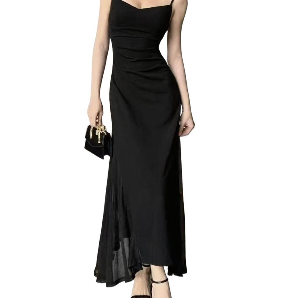 Temperament suspender dress French summer new small black dress 2026 mesh slim and thin women's long dress