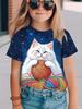 Funny Cat Girl T-Shirt Summer Cartoon Graphic Girl Short Sleeve Tee Casual Round Neck Top Animal Kids Clothing Girl Clothes