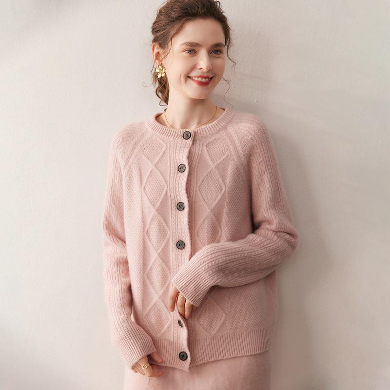 2025 Autumn/Winter Thick Diamond Cable Knit Cashmere Loose Round Neck Long Sleeve Cardigan for Women
