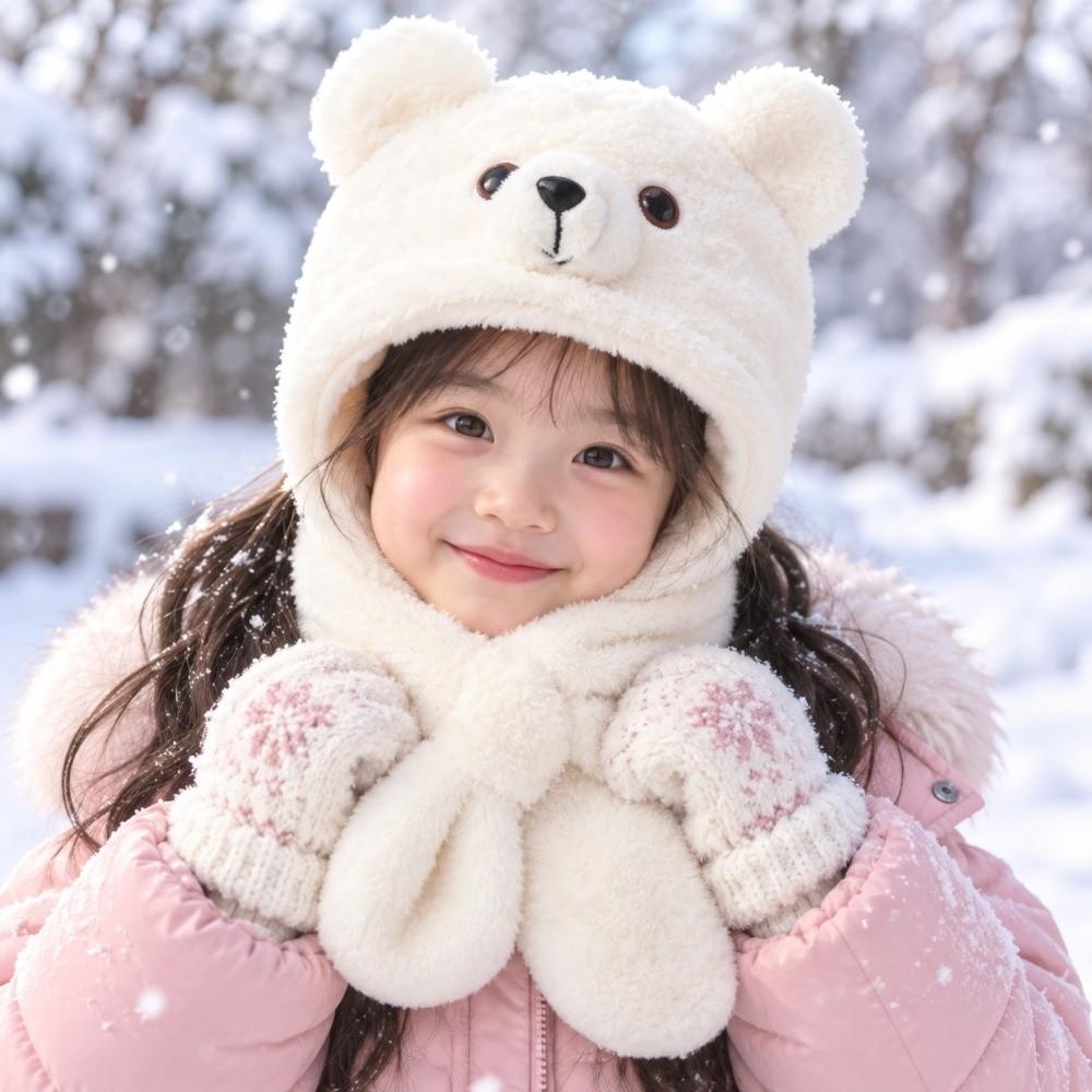 Windproof Fluffy Winter Beanie Hat Soft Bear Earmuffs Hat Cute Kids Integrated Scarf Hat Unisex