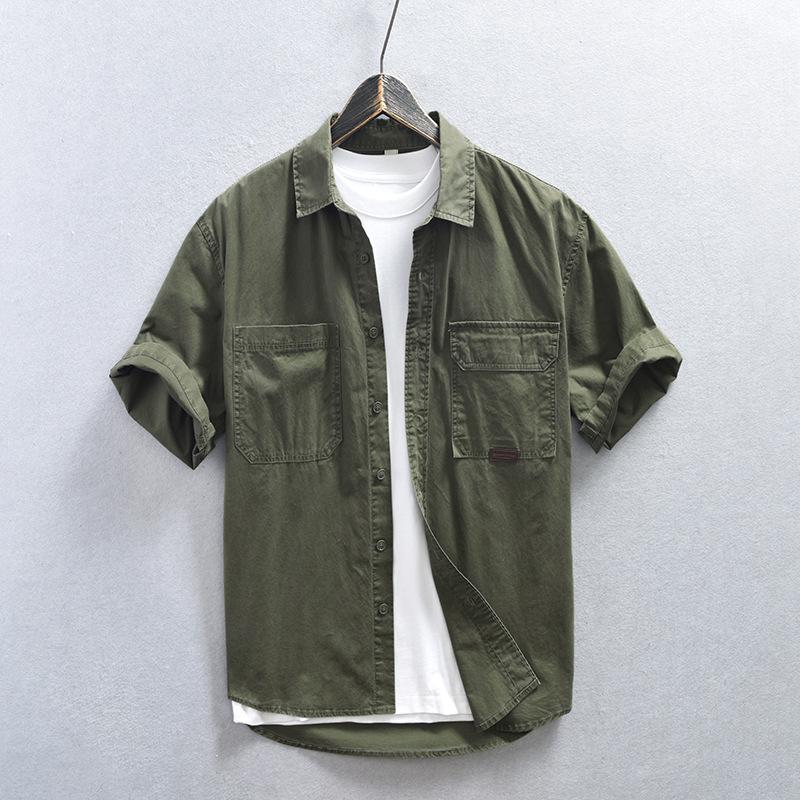 American Cargo Short Sleeve Shirts for Men New Fashion Summer Shirt 100 Cotton Casual Shirt with Double Pockets Youth Loose Top