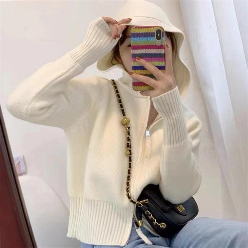 Damski krótki kardigan z kapturem, wiosna i jesień, nowy styl, luźny, podwójny zamek błyskawiczny, dzianinowy sweter