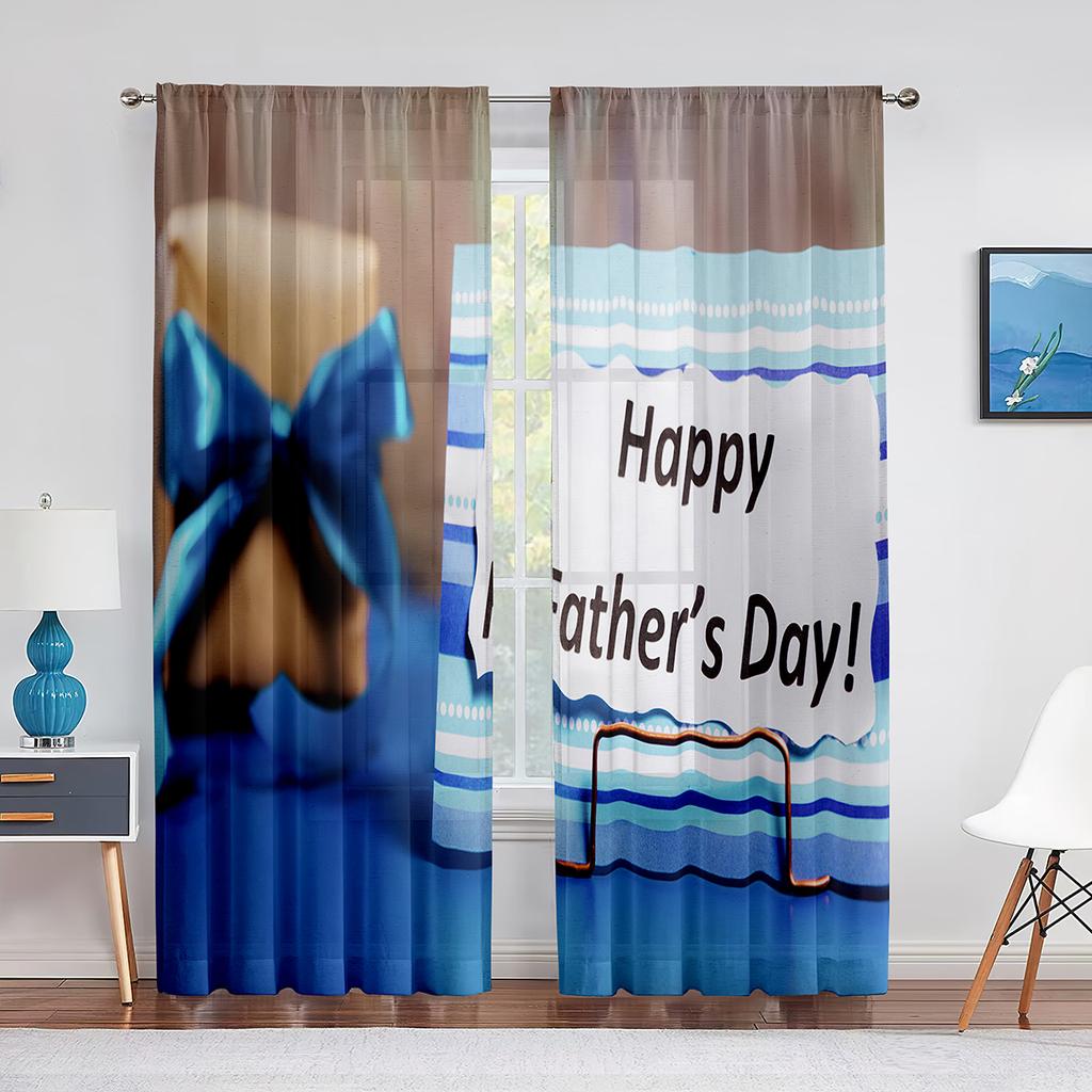 Happy Father‘s Day Sheer Voile Curtain Ocean Beach Sunset Kids Silhouettes Window Tulle Curtains for Living Room Bedroom Decor