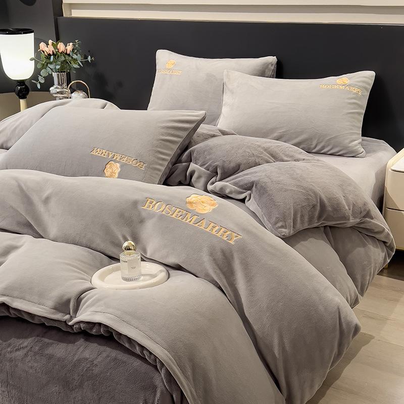 Coral Fleece Milk Velvet Winter Bedding Set: Thickened Embroidered Duvet Cover and Bed Sheet for Dorms.