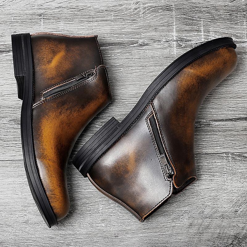 Leather Chelsea Boots Men Shoes Warm Shoes Zipper Cowhide Leather Booties Mens Ankle Boots Fashion Ankle Boots Vintage Brogue