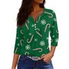 Women's Fashionable Casual Christmas Printed V-neck Three-quarter Sleeve Decorated Button Top