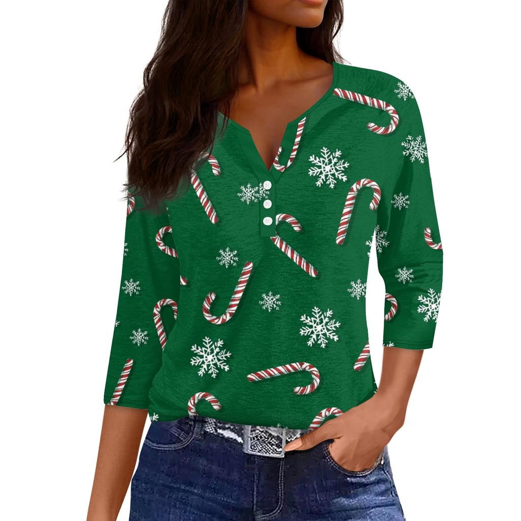 Women's Fashionable Casual Christmas Printed V-neck Three-quarter Sleeve Decorated Button Top