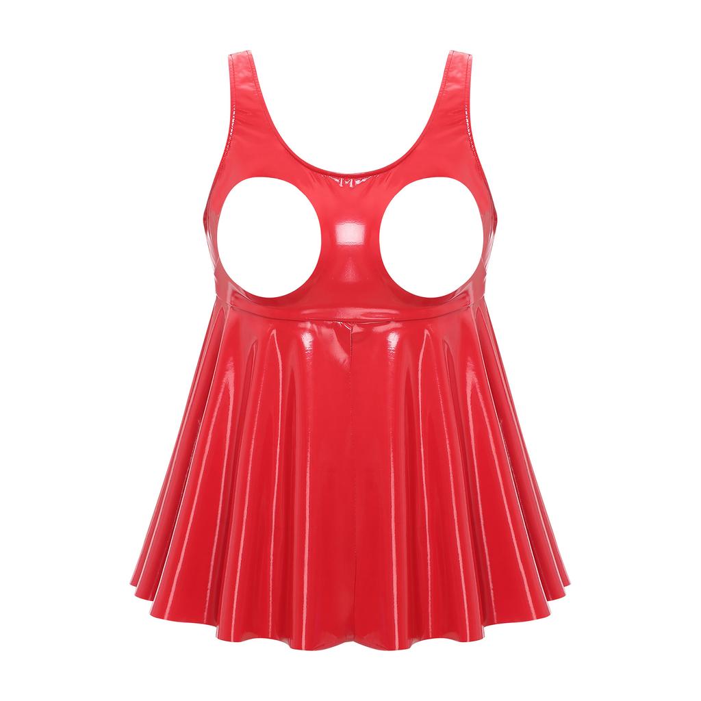 Women Wet Look Patent Leather Lingerie Tops Sleeveless Hollow Out Front Slit Ruffle Clubwear Nightwear Rave Outfit