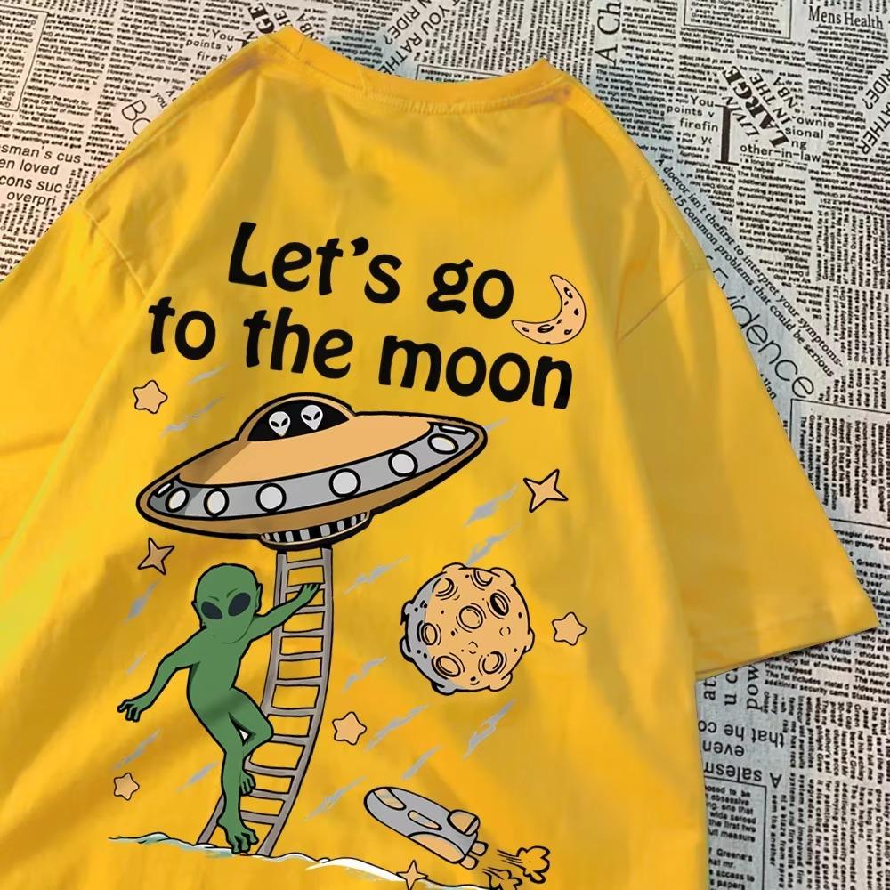 

Let S Go To The Moon Alien Ufo Мужская футболка хлопковые свободные топы свободные футболки с круглым вырезом повседневная дышащая футболка одежда для пар S