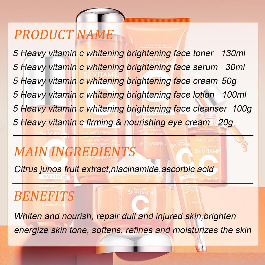 Vitamin C Skin Care Set, 6-in-1 Skin Care Set, Cleanser, Toner, Essence, Moisturizer, Eye Cream and Body Lotion, Anti-aging, Anti-wrinkle