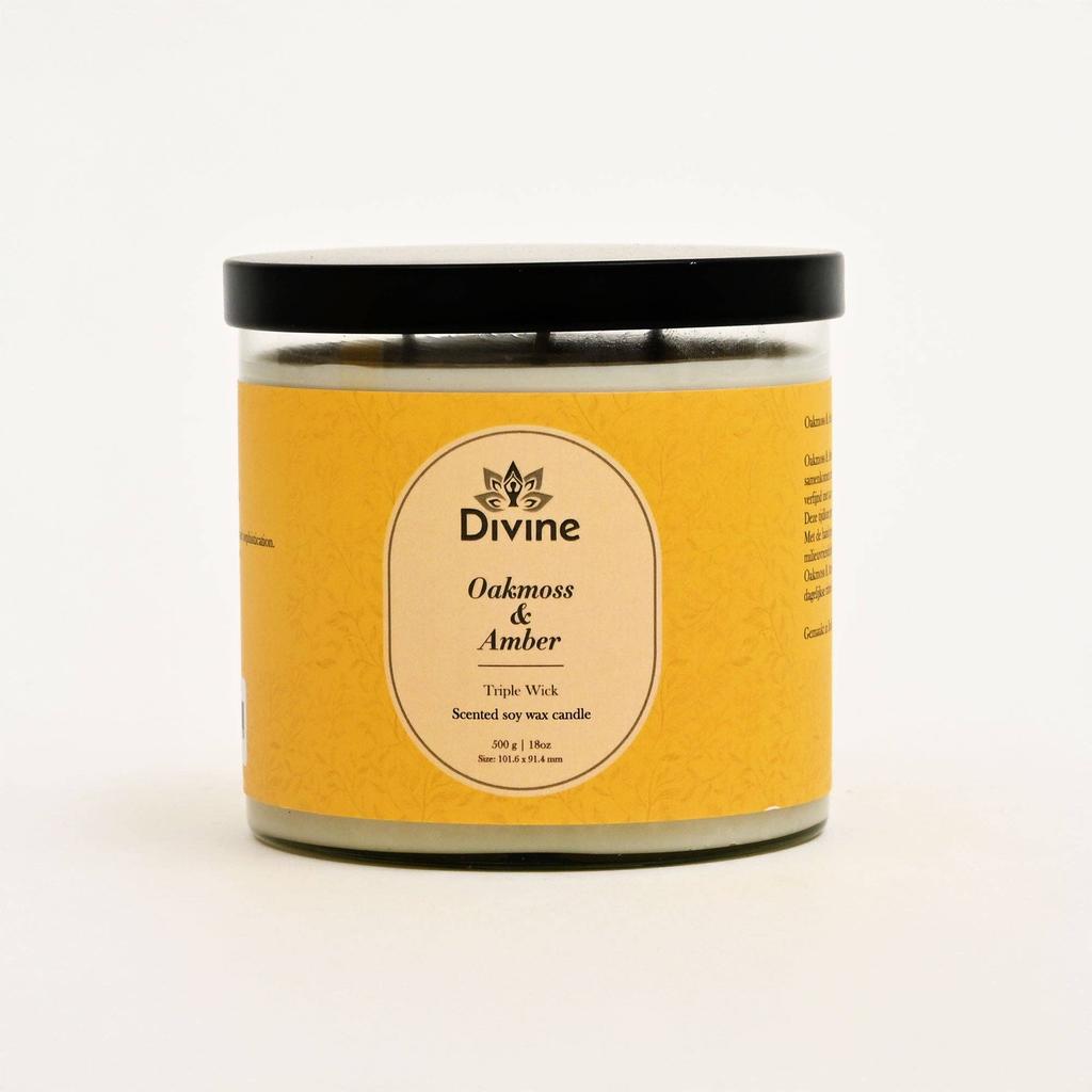 Oahmoss & Amber Triple Wick Glass Candle -Premium Earthy Scented Candle for Home Deccor