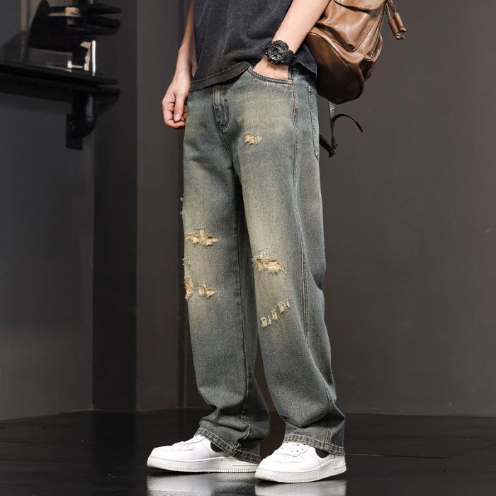 American ripped jeans men's spring and autumn new straight loose wide-leg casual pants washed trousers men
