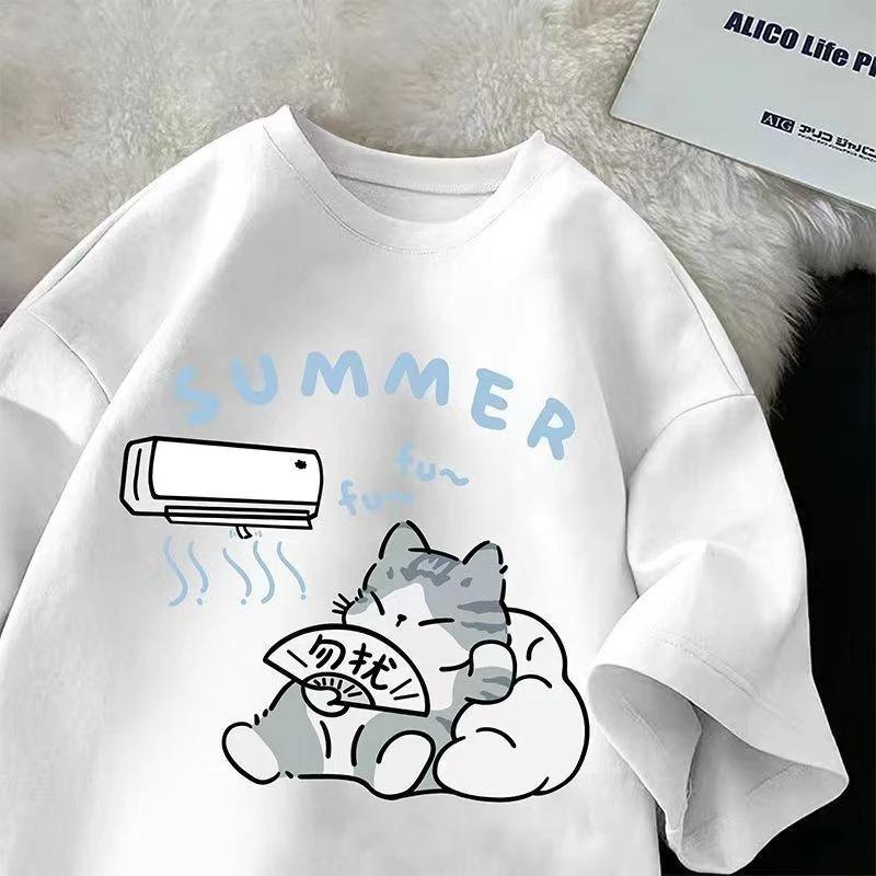 New S-5XL Summer Men Oversize T-shirt Korean Casual Loose Style Kitten Blowing Fan Print T-shirt Suitable for Both Men Women
