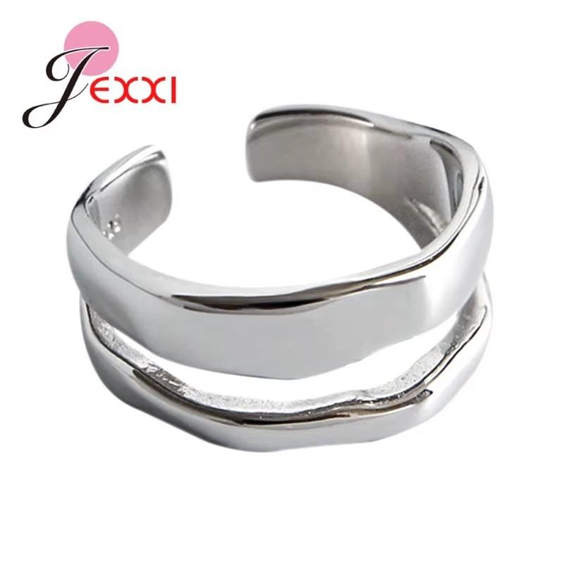 

925 Sterling Silver Double Layered Wide Open Rings Irregular Adjustable Wire Ring for Women Handmade Minimalist Jewelry
