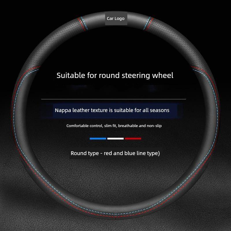 

Suitable for Mitsubishi Lancer Car Steering Wheel Cover Interior Modification Genuine Leather Handle Cover for 06-11 Lancer Models Lancer Round [Red and Blue Line Style] + Car Logo
