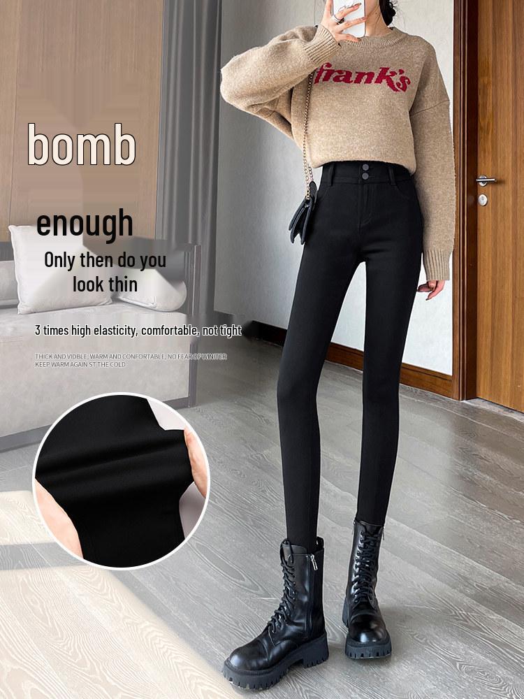 Women's High-Waisted Fleece-Lined Skinny Pants, 2025 Winter Style, Elastic Black Pencil Design for Indoor & Outdoor Wear