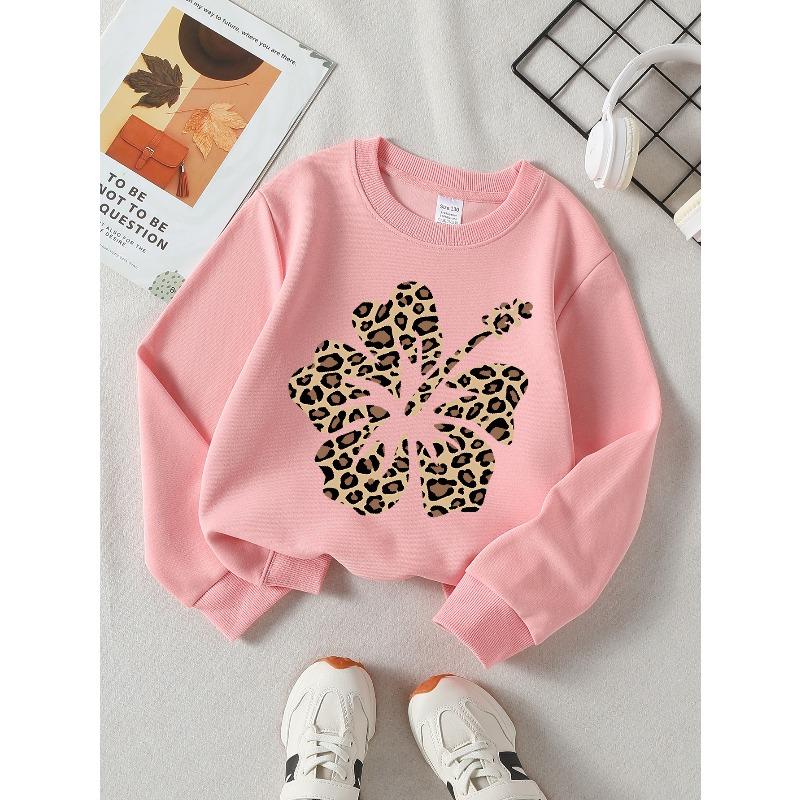 Leopard Print Flower Design 2026 New Girls' Long-sleeve Casual Crewneck Sweatshirt, Suitable for Outdoor Sports and